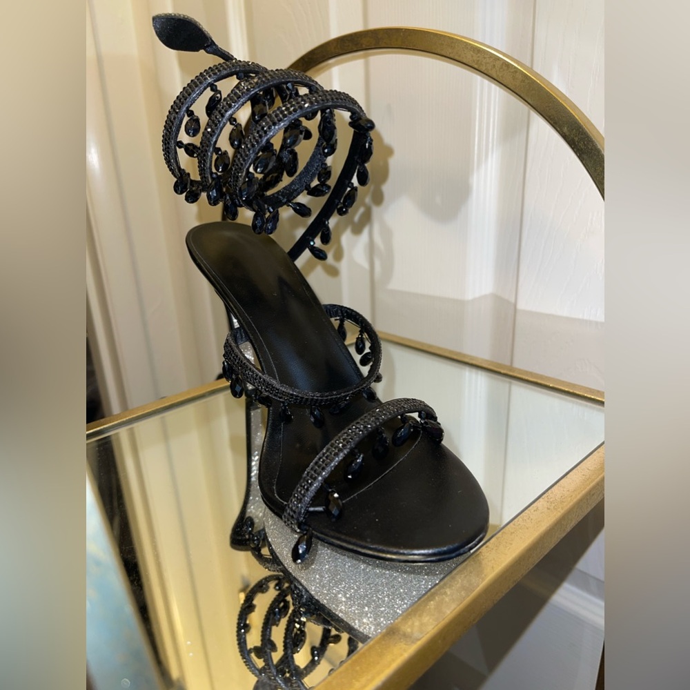 Black Silver Glitter Bottom Wrap Chandelier Rhinestone Heels